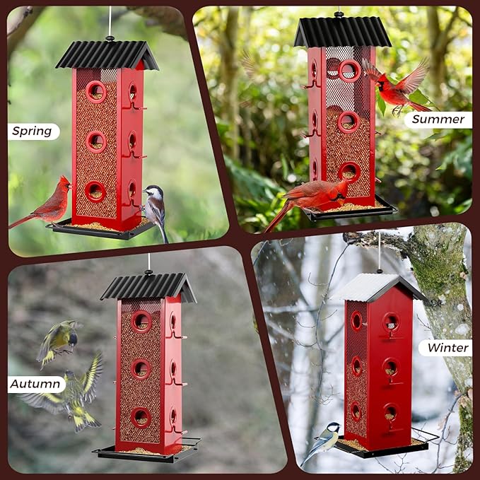 All Metal Bird Feeder for Outdoors Hanging | 14-Port Multi-Bird Viewing | Rust-Proof, Waterproof & Easy-Clean | Attracts Cardinals, Finches, Chickadees & More (Cardinal with Black Base)