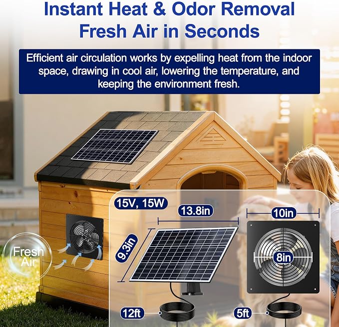 15W Solar Powered Fan with Reversible Airflow - Intake & Exhaust, Programmable Remote Control with Timer, Aluminum Fan for Chicken Coop, Greenhouse, Shed, Pet House