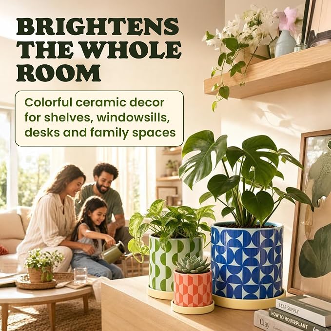 Original Earthlings Ceramic Plant Pots - Flower Pots with Drainage Hole & Saucer, Handmade Flower Vase, Colorful Decorative Planters for Indoor Plants, Succulent, Home Decor - Set of 3 (5", 4", 3.5")