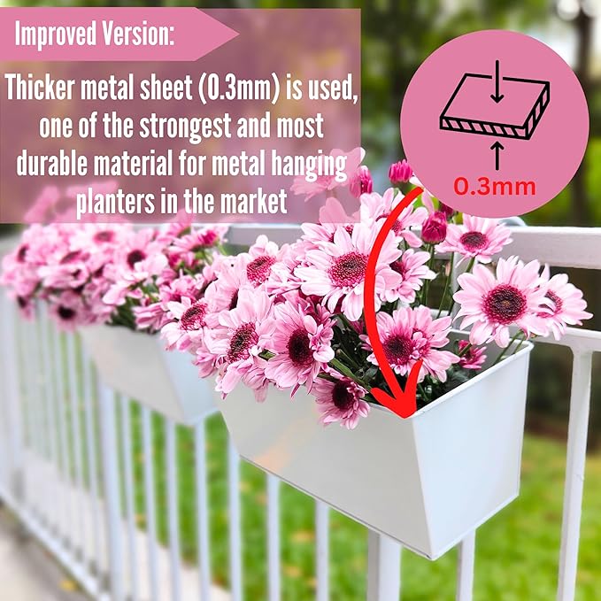 LaLaGreen Rail Planters (16 Inch, 2 Pack) White Metal Rectangle Plants Boxes Hanging Flower Pots Outdoor Planter Patio Decor Apartment Balcony Deck Railing Fence Rail Decorations Garden Baskets Pot