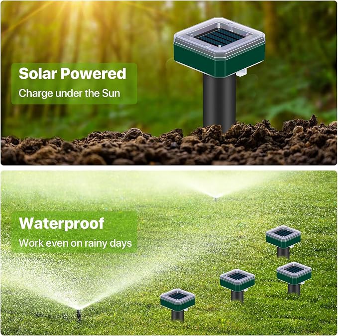 8 Pack Mole Repellent Solar Powered for Lawns Snake Repellent for Yard Rodent Repellent Gopher Groundhog Vole Ultrasonic Spike Outdoor Waterproof Sonic Burrowing Animals Deterrent Stakes
