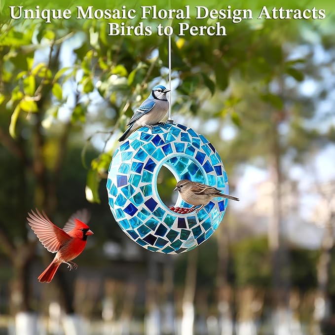SAVENNA Mosaic Glass Hanging Bird Feeder, 6.3 Inch Handcrafted Outdoor Feeder with Steel Wire Rope, Decorative Garden & Patio Feeder for Wild Birds, Blue Mosaic Design