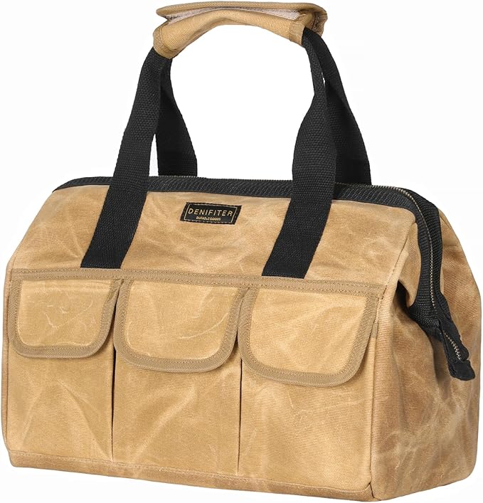 Tool Bag, 15-inch Heavy Duty Wide Mouth Water-Resistant Tool Pouch, Tool Tote with Handle for Tools, Wrenches, Screwdrivers (15 X 7.8 X 11.5 inch) | Khaki