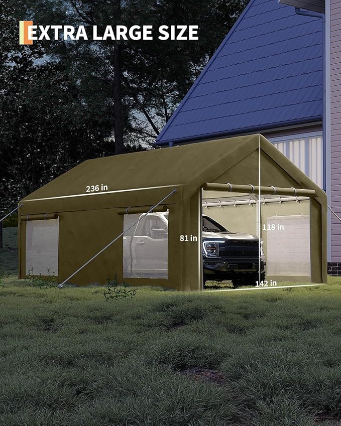 Carport Canopy, 12 x 20ft Garage Tent Shelter Tarp, Heavy-Duty Carport Canopy with Roll-Up Windows & Doors, Removable Sidewalls Car Canopy, Car Tent Waterproof for Cars, Boats, Trucks