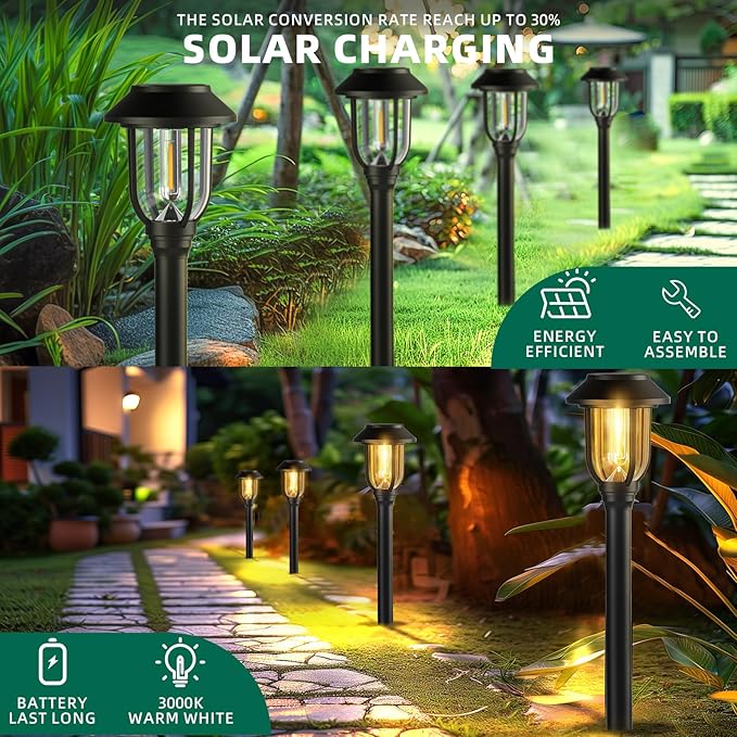 ILANCK Solar Pathway Lights Outdoor,12 Pack Solar Lights Outdoor Waterproof, Warm White Auto On/Off LED Solar Powered, Garden Landscape Lighting for Yard Walkway Driveway Path Decorative