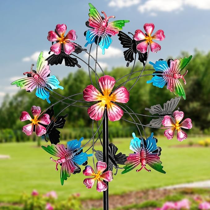 360° Butterfly Wind Spinners Outdoor Metal, Double-Layered Kinetic Wind Spinner with Stake, 38"×11.5", Wind Spinners for Yard and Garden (Butterfly)
