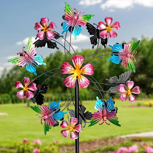360° Butterfly Wind Spinners Outdoor Metal, Double-Layered Kinetic Wind Spinner with Stake, 38"×11.5", Wind Spinners for Yard and Garden (Butterfly)