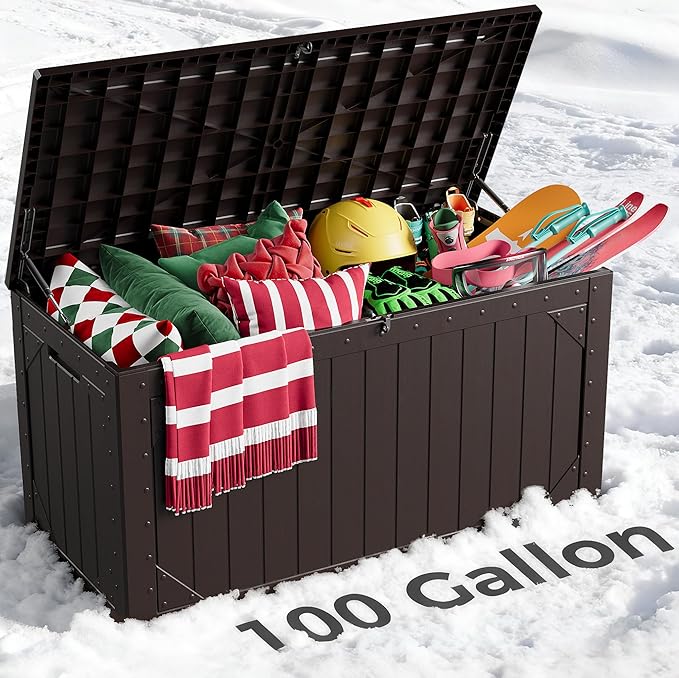 Outdoor Storage Box, 100 Gallon Deck Box Outdoor Storage Bench Outside Waterproof Resin Storage Bench, Lockable Patio Cushions, Garden Tools Storage For Furniture, UV Resistant (Brown)