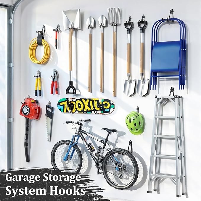Housolution Steel Garage Hooks - 30Pack Anti-Slip Coating, Heavy Duty Wall Mount Hooks for Bikes, Garden Tools, Ladders, Hose, Bulk Items Ropes, Garage Tool Organizer with Extension Cord Wrap, Black
