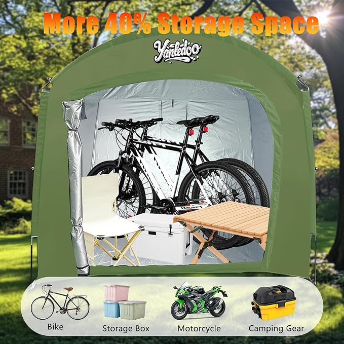 Waterproof Portable Bike Storage Tent with Extended Width for 3-5 Bikes, Clips Easy Setup Outdoor Bike Tent, Bicycle Shelter for Motorcycle, Garden Tools, Lawn Mower, XXL Bike Shed, Green