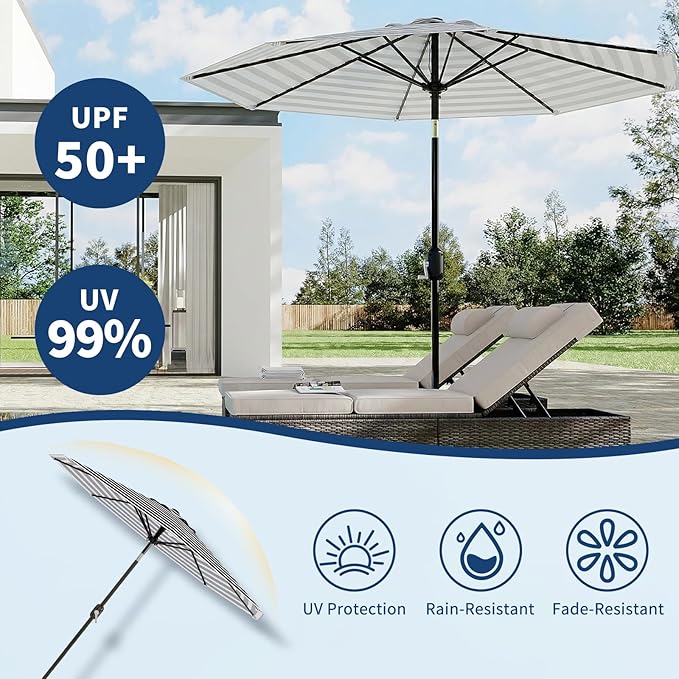 Garvee 10 ft Outdoor Patio Umbrella 8 Sturdy Ribs Outdoor Table Umbrella with Crank Lift & Push Button Tilt UV Protection Waterproof Market Umbrellas for Pool Deck Yard Garden, Black & White Stripes