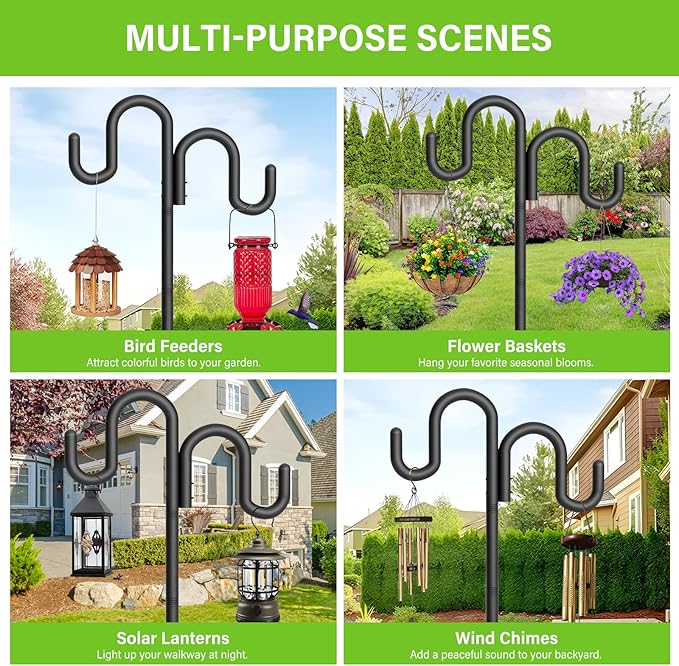 Double Shepherd Hook for Outdoor, 108" Heavy Duty Bird Feeder Pole with 5-Prong Base, Adjustable Thickened Shepherd Hook for Bird Feeder, Flower Baskets, Solar Lights, Lanterns, Black, 1 Pack