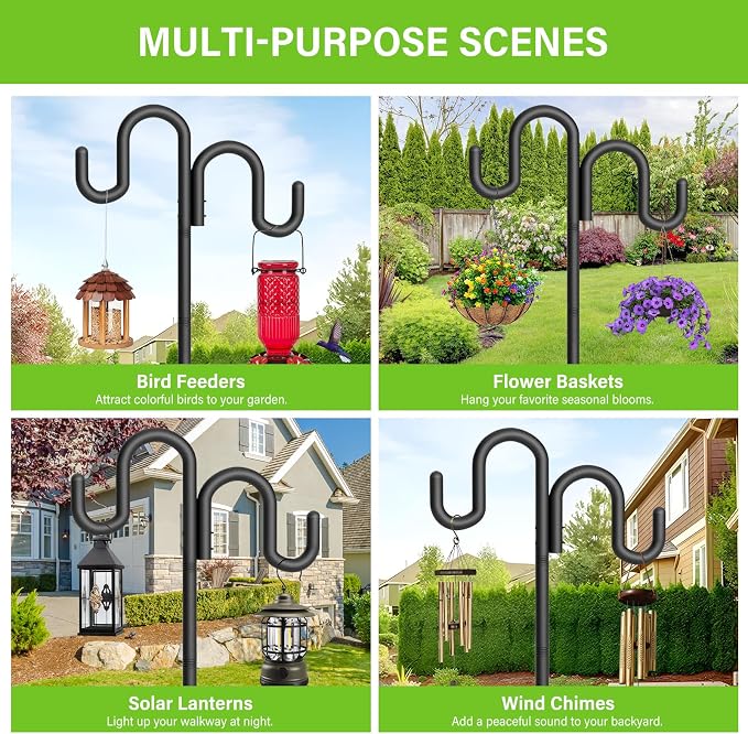 Double Shepherd Hook for Outdoor, 92" Heavy Duty Bird Feeder Pole with 5-Prong Base, Adjustable Thickened Shepherd Hook for Bird Feeder, Flower Baskets, Solar Lights, Lanterns, Black, 2 Pack