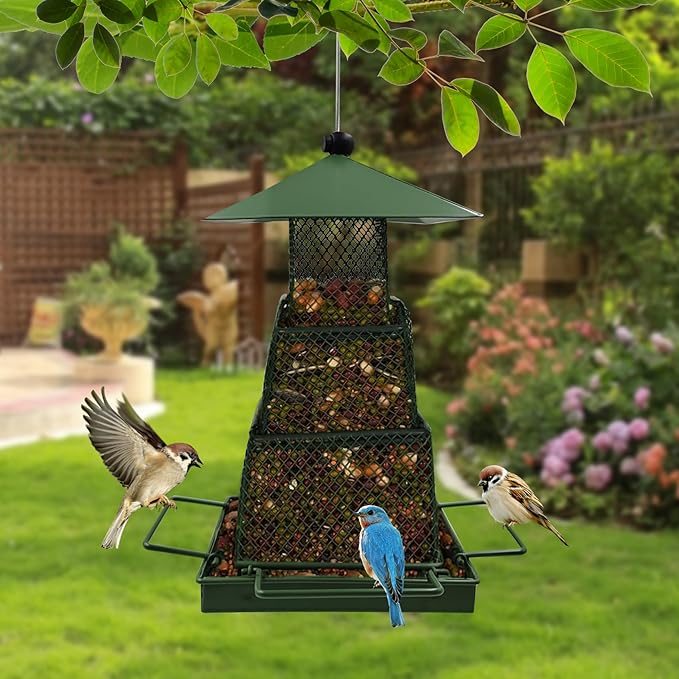 Green Metal Bird Feeder – Squirrel-Resistant Hanging Feeder with 4 Perches | Large Seed Capacity, 360° Mesh for Backyard & Garden