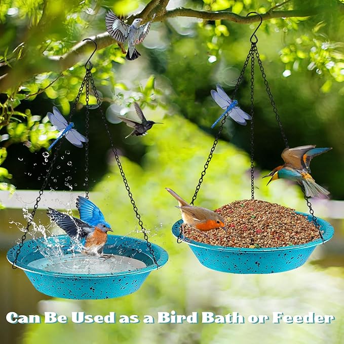 Hanging Birdbath Bird Feeder for Outdoor 11.4 inch Metal Bird Bath Bowl with Detachable Black Chain Hook Metal Dragonfly Birdbath for Garden Yard Patio Decor, Gift for Bird Lovers (Lake Blue)