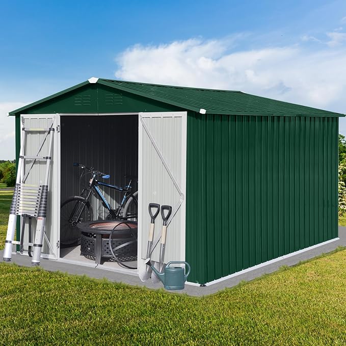 10x8 FT Garden Metal Sheds with Waterproof Roofs and Lockable Doors,Outdoor Storage Tool House W/Durable Frame,Backyard Office Shed,for Bike,Barbeque,Green+ White