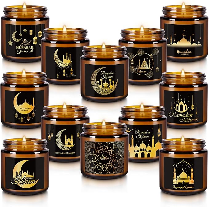 12pack Ramadan Scented Candles 3.5oz Soy Wax，Muslim Islamic Party Favors Gifts Glass Jar Candles for Home Happy Eid Festival Decor(Brown,Pattern)