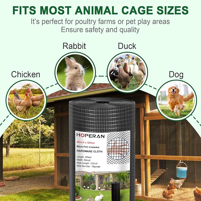 HOPERAN Black Hardware Cloth 1/2 inch 48 inch x 50 Foot 19 Gauge - Vinyl Coated Welded Chicken Wire Fencing Mesh, PVC Wire Fence Roll for Garden Fence, Gopher Wire and Poultry Netting Cage