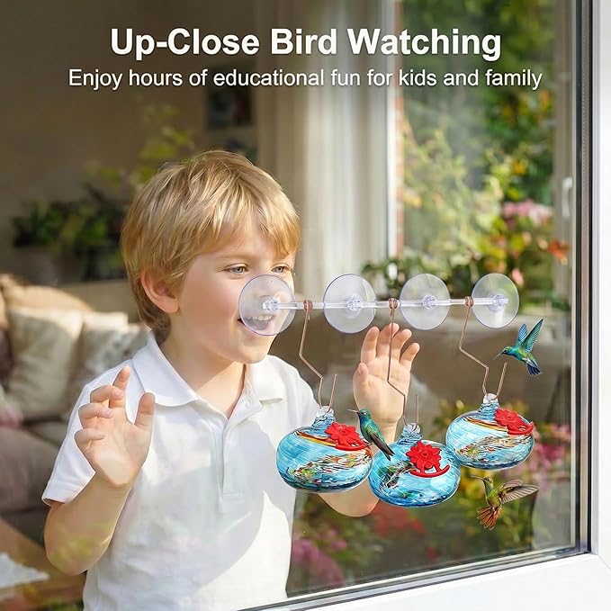 QFkris Set of 3 Blown Glass Hummingbird Feeder with Suction Cups for Window, Small Hummingbird Feeder with Flower Feeding Ports for Outside Garden Backyard Decor, Gifts for Women Mom(Blue)