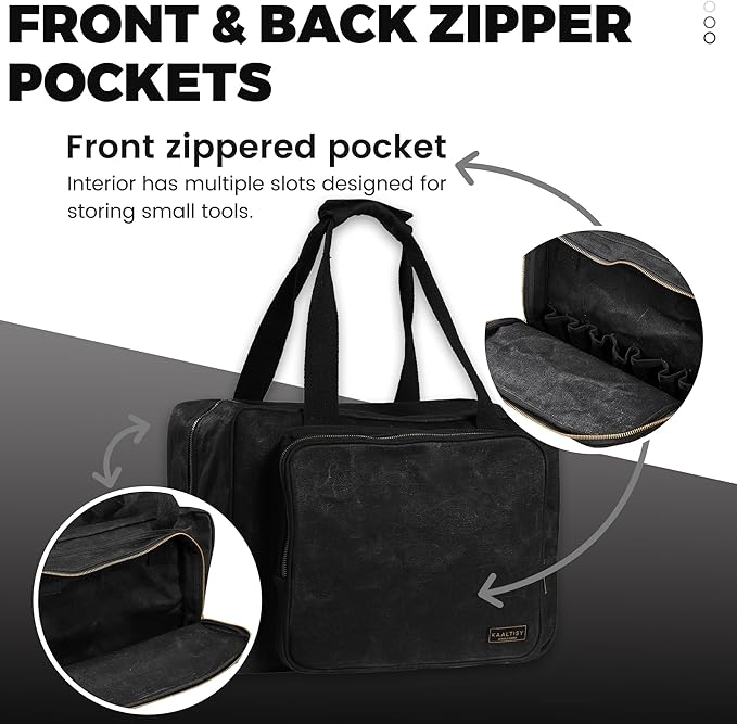 Canvas Tote Bag, 16OZ Waxed Canvas Tool Bag Organizer - 1 Large Capacity & 2 Zipper Pouches - Multipurpose Garden Tote, Tool Storage Tote for Horticulturist Contractor Plumber Electrician - Black