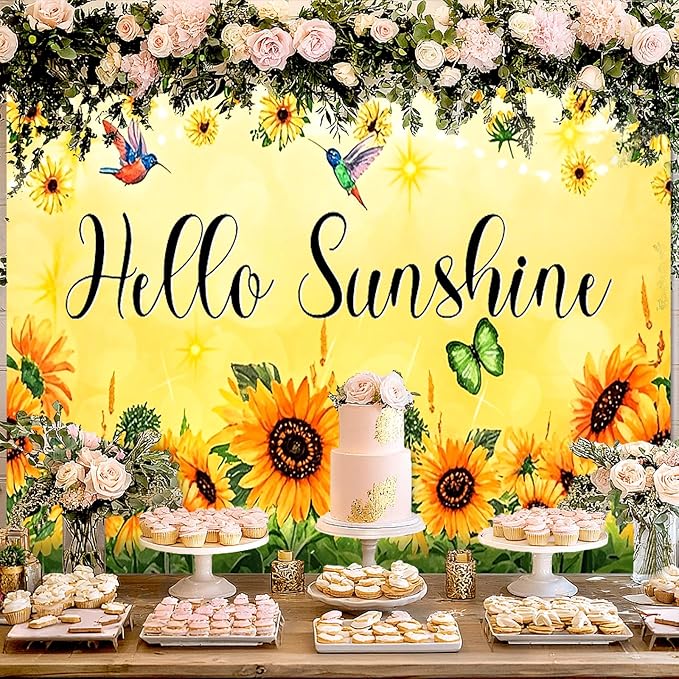 BlissYard Hello Sunshine Backdrop Decoration Sunflower Floral Banner 8x6ft Summer Spring Photo Backdrop Yellow Flower Background for Garden Party Photo Booth Seasonal Event Wall Display