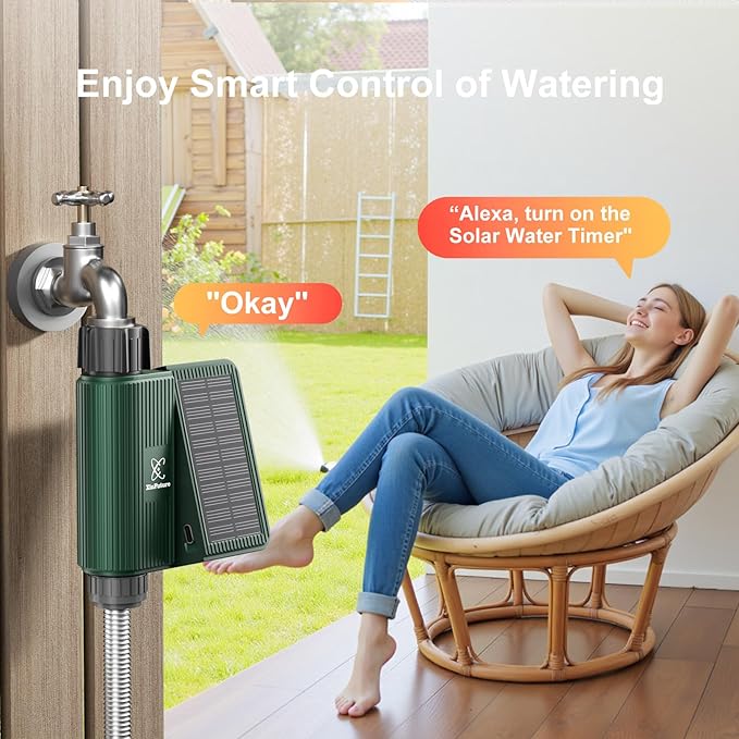 Smart WiFi Solar Sprinkler Timer, XinFuture Water Timer Rechargeable with Rain Delay, Manual& Automatic Watering System for Garden Hose Faucet, App& Voice Control, Outdoor Irrigation Controller
