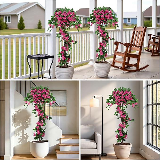 2Pack 5FT Artificial Bougainvillea Topiary Trees for Outdoor, Fake Silk Flowers Plants Bushes with Ground Spike, Faux UV Resistant Shurbs Trees for Outside,Front Porch,Patio,Balcony Decor