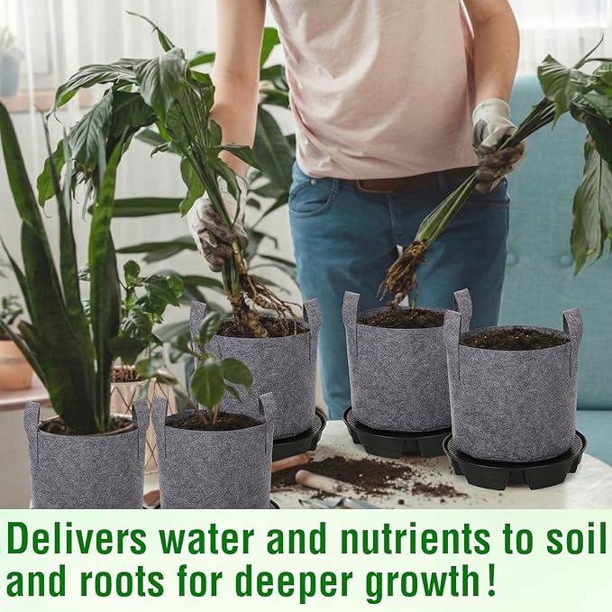 Jingmore 6 Set Self Watering Fabric Pot Base 3 Gallon Plant Nonwoven Grow Bags Automatic Watering System Plant Saucer Elevated Flower Trays with Handles for Fruits Vegetables Flowers Grow(Grey)