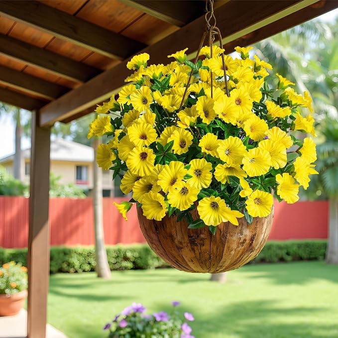 Yellow Artificial Morning Glory Flowers for Outdoor Planters, Premium UV Resistant Silk Faux Flowers for Porch, Hanging Basket & Window Box, Spring Garden Decor, No Pot, 13.3 Inch, 8 Bundles