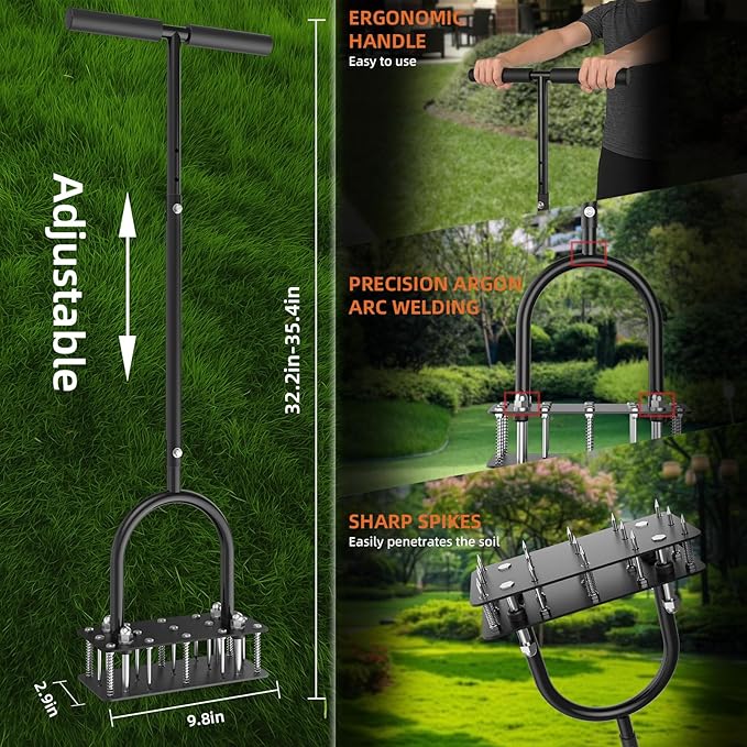 GAINO Manual Lawn Aerator Tool with 15 Spikes, 32"-35" Adjustable T-Handle Aerator for Lawn, Automatic Dirt Ejection Design, Heavy Duty Yard Grass Aerator for Soil Compaction，Black