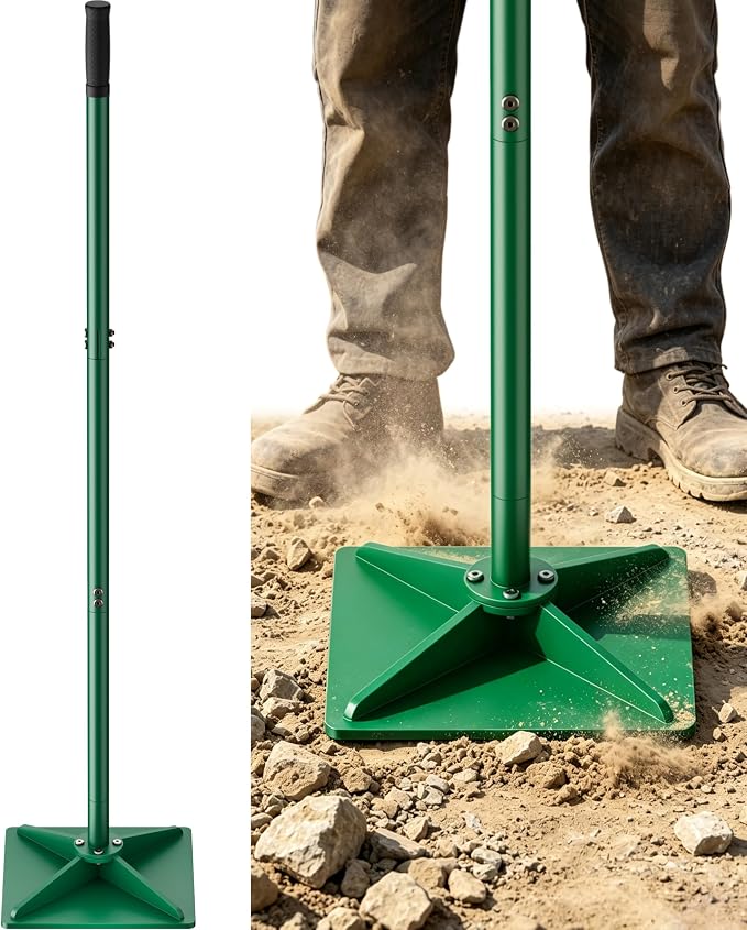 Heavy Duty Steel Hand Tamper, 8"x8" Soil Plate Compactor with 44" Adjustable Handle & Rubber Grip, Anti-Loose Ladscaping Tools for Ground, Gravel, Dirt, Sand, Asphalt, Pavers, Blacktop, Green
