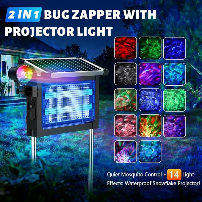 Solar Bug Zapper Outdoor 4500V, 2-in-1 Rechargeable Mosquito Zapper with Projection Light, IP66 Waterproof Cordless Electric Fly Zapper Indoor with Type-C Charging for Patio, Yard & Camping