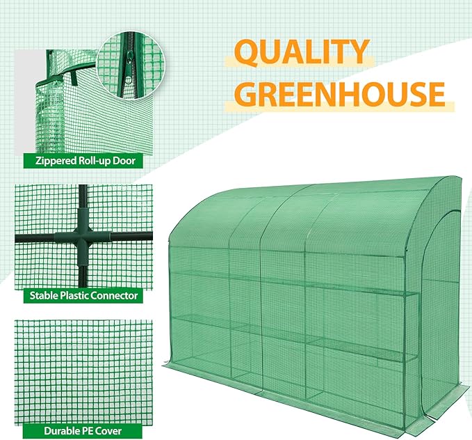 EAGLE PEAK 3 Tier Lean to Portable Greenhouse, Heavy-Duty Indoor & Outdoor Garden with Wire Shelves, 2 Roll-Up Zipper Doors, Easy Assembly, 120"x60"x84" Clear/Green PE Cover