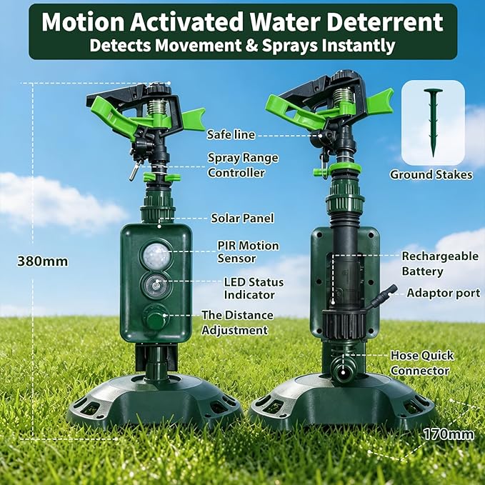 Solar Motion-Activated Animal Repellent Sprinkler for Lawn & Garden Water Spray Deterrent for Cats, Dogs, Deer, Squirrels & Skunks