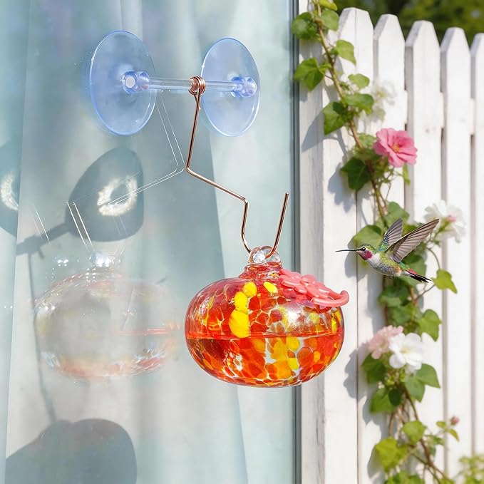QFkris Blown Glass Hummingbird Feeder with Suction Cups for Window, Small Hummingbird Feeder with Flower Feeding Ports for Outside Garden Backyard Decor, Gifts for Women Mom(Orange)
