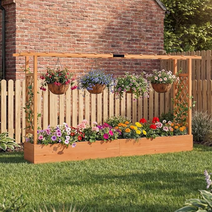 HAPPYGRILL Raised Garden Bed with Trellis, 2 Freestanding 45" Wood Planter Box w/Hanging Roof & 8 Drainage Holes for Climbing Plants Flowers, Outdoor Wood Elevated Garden Bed for Patio Yard,Orange