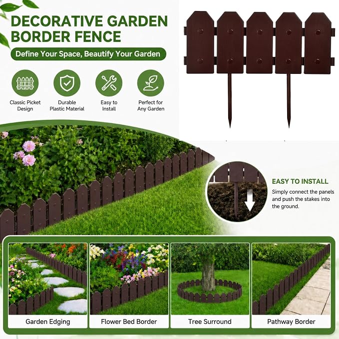 Evelyne Garden Border Edging: Wooden Grain Fence Dog Ear Design - Landscaping Fence Liner Lawn Edge Barrier - Decorative Lawn Landscape Panels Elements -Landscaping Edging (Brown, 20ft.)
