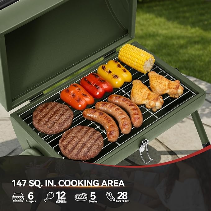 Royal Gourmet CC1015L Portable Charcoal Grill, 147 Sq. In. Cooking Area, with Four Air Vents, Lid Latch Buckle, Lid Handle, for Outdoor Backyard, Patio Parties and Picnics, Olive Green