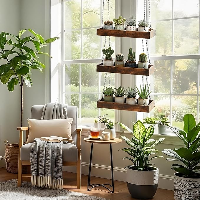 3 Tier 16" Hanging Plant Window Shelf Large Hanging Plant Holder Wood Frame Metal Chain Floating Wall Flowerpot Organizer Storage for Herbs Microgreens Succulents Balcony Living Room