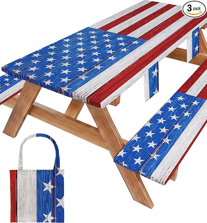 Picnic Table Cover with Bench Covers Waterproof Rectangle Tablecloth Camping Essentials Supplies Rv Travel Gear Must Haves Accessories Fitted Table Cloth Outdoor Road Trip Camper Gifts American Flag