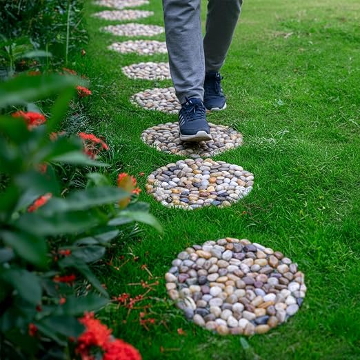 Stepping Stones Outdoor, Natural River Rock Garden Pavers, Set of 6 Round Pebble Stones for Walkway, Yard, Lawn, Patio, Pathway & Landscaping Decor (Roundness)