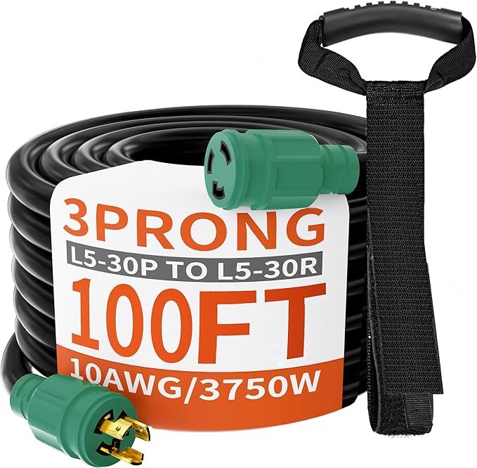 huanchain L5-30P/L5-30R 3 Prong 30 Amp Generator Cord 100 FT, Heavy Duty 10AWG 125V 3750W SJTW, Black Locking Generator Extension Cord Waterproof, ETL Listed