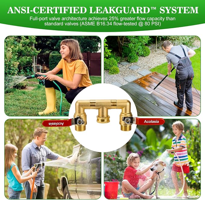 Hose Splitter 2 Way Heavy Duty Brass Garden Hose Splitter with 360° Rotatable, 304 Stainless Steel Long Handle Outdoor Full Flow Hose Splitter Connector, 3/4" GHT Thread