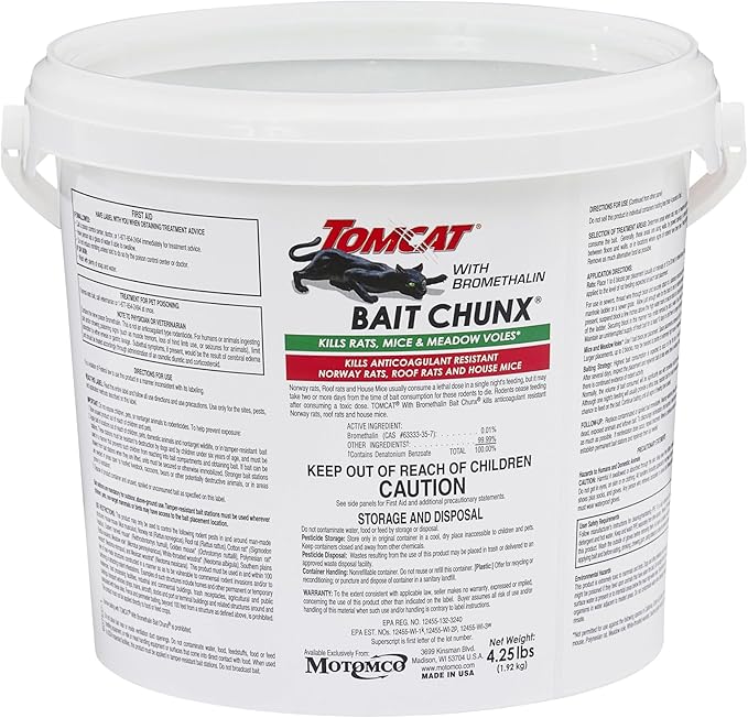 Tomcat with Bromethalin Bait Chunx Pail - Rat & Mouse Bait, Rat and Mice Control for Agricultural Use and Professional Applicators, 4.25 lbs. (Pack of 4)