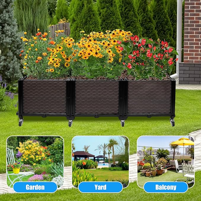 Raised Plant Box with Wheels 47.2"x15.7"x16.1", Raised Beds for Gardening Self Watering, Durable Metal Lockable Casters, Rectangular Garden Planter Perfect for Garden Patio Balcony Deck