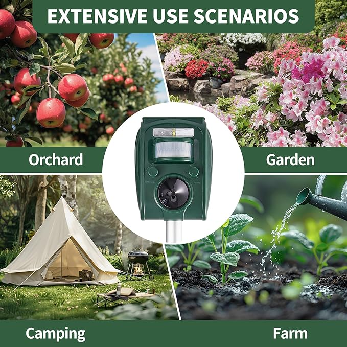Upgraded Solar Ultrasonic Squirrel Deer Repellent Devices Motion Detection 5 Adjustable Modes, Cat Raccoon Rabbit Dog Deterrent, Animal Repellent with Waterproof for Yard, 2P Dark Green
