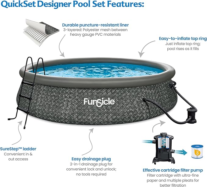 Funsicle Quickset 14ft x 36in Round Inflatable Above Ground Swimming Pool with Filter Pump – Easy Setup with Top Ring Design