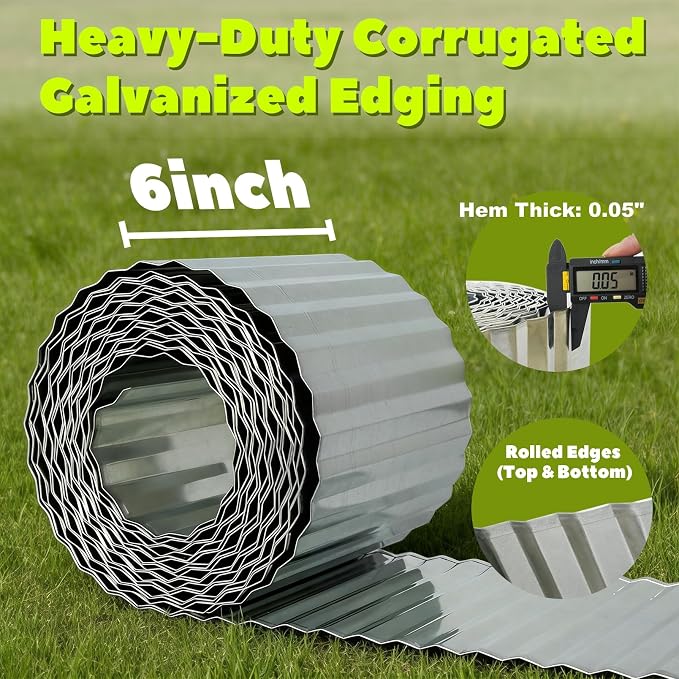 A ANLEOLIFE 20FT Galvanized Steel Landscape Edging Roll, 6" Tall Sturdy Flexible Corrugated Metal Lawn Border for Garden, Pathway & Flower Beds, Silver
