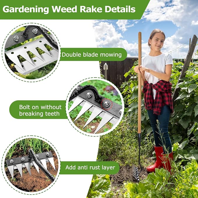 Gardenia Iron Weeding Rake, 2.0 Iron Weeding Rake with Long Handle, 6 Teeth Heavy Duty Weed Puller Tools for Gardening, Weedings ,Lawn