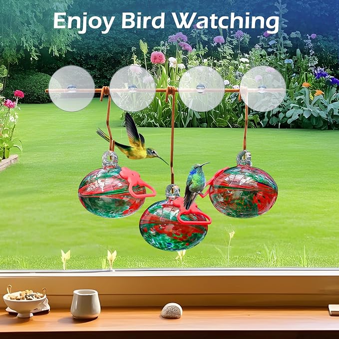 Pozfun Window Hummingbird Feeder with Suction Cups,Hand-Blown Glass Hummingbird Feeders for Outdoors Window Mounted with Metal Hook,Close Bird Watching,Finch in Garden,Yard(Red)